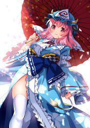 Rule 34 | 1girl, absurdres, animal ears, blue kimono, breasts, cherry blossoms, closed mouth, cow ears, cow horns, cow tail, fake animal ears, fake horns, fake tail, floral print, frilled kimono, frills, hat, highres, holding, holding umbrella, horns, japanese clothes, kapuchii, kimono, light smile, long sleeves, looking at viewer, medium breasts, medium hair, mob cap, obi, oil-paper umbrella, pink eyes, pink hair, saigyouji yuyuko, sash, simple background, smile, solo, standing, tail, thighhighs, touhou, triangular headpiece, umbrella, white background, white thighhighs, wide sleeves