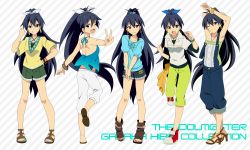Rule 34 | 1girl, alternate costume, anklet, arms up, black hair, blue eyes, boots, bow, bracelet, character sheet, costume chart, earrings, fang, female focus, full body, ganaha hibiki, grin, hair bow, high heels, highres, hoop earrings, idolmaster, idolmaster (classic), jewelry, kyu, long hair, looking at viewer, no socks, ponytail, sandals, shoes, shorts, smile, standing, toeless footwear, v