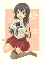 Rule 34 | 1girl, absurdres, agano (kancolle), anchor symbol, asymmetrical legwear, black hair, black sailor collar, blush, breasts, cleavage, eating, food, gloves, green eyes, highres, kantai collection, large breasts, long hair, looking at viewer, navel, necktie, onigiri, open mouth, pink background, pot-de, red skirt, sailor collar, school uniform, serafuku, single thighhigh, sitting, skirt, sleeveless, smile, solo, thighhighs, white gloves