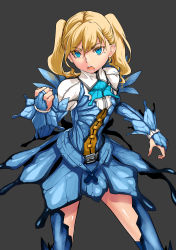 Rule 34 | 1girl, absurdres, armor, blonde hair, blue eyes, blue thighhighs, bnahabra (armor), capcom, colored eyelashes, highres, mole, mole under eye, monster hunter, monster hunter (series), monster hunter portable 3rd, open mouth, realmbw, solo, thighhighs, twintails