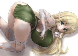 Rule 34 | 1girl, asanagi, ass, bent over, blonde hair, blush, breasts, bridal gauntlets, elf, green eyes, halterneck, huge ass, huge breasts, kneeling, large breasts, long hair, no panties, non-web source, pointy ears, solo, thighhighs, thighs, tiffania westwood, top-down bottom-up, white background, white thighhighs, zero no tsukaima