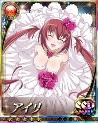 Rule 34 | 1girl, airi (queen&#039;s blade), bare shoulders, blush, bouquet, breasts, cleavage, dress, closed eyes, flower, flower necklace, flower on head, hair ornament, jewelry, large breasts, long hair, necklace, queen&#039;s blade, red hair, rose, star (symbol), wedding dress, white dress