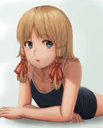 Rule 34 | 1girl, aqua eyes, blonde hair, blue one-piece swimsuit, commentary request, crossed arms, highres, lying, moriya suwako, on stomach, one-piece swimsuit, ranma (kamenrideroz), school swimsuit, sidelocks, solo, swimsuit, touhou