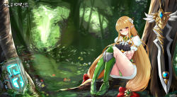 Rule 34 | 1girl, armor, armored boots, blonde hair, blush, boots, cameltoe, elf, female focus, flower, forest, green footwear, hair flower, hair ornament, knee boots, lily (flower), long hair, looking at viewer, low-tied long hair, miniskirt, nature, original, panties, pantyshot, pointy ears, puffy sleeves, red eyes, shaojiang, sitting, skirt, solo, sword, tree, two-handed sword, underwear, very long hair, weapon