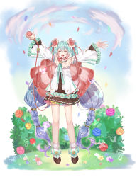 Rule 34 | 1girl, 2021, :d, blue hair, blue nails, blush, brown shirt, brown skirt, closed eyes, dated, facing viewer, floating hair, flower, full body, gradient hair, hair between eyes, hair flower, hair ornament, hatsune miku, highres, hkr.aoq, holding, jacket, long hair, long sleeves, miniskirt, multicolored hair, nail polish, open clothes, open jacket, open mouth, pleated skirt, purple hair, shirt, skirt, smile, solo, standing, twintails, very long hair, vocaloid, watermark, white flower, white jacket, wide sleeves