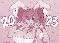 Rule 34 | 1girl, 2023, animal ears, antenna hair, bow, breasts, chinese zodiac, collarbone, di gi charat, dice hair ornament, ekz (robotekz), hair bow, hair ornament, large breasts, neck ribbon, new year, open mouth, pointing, pointing at self, rabbit ears, ribbon, solo, twintails, usada hikaru, year of the rabbit