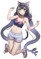 Rule 34 | 1girl, animal ear fluff, animal ears, bare shoulders, bikini, black hair, bow, breasts, cat ears, cat girl, cat tail, cleavage, closed mouth, collarbone, commentary, frown, green eyes, hair between eyes, hair bow, hands up, karyl (princess connect!), karyl (summer) (princess connect!), knees together feet apart, long hair, looking at viewer, low twintails, medium breasts, multicolored hair, navel, open fly, princess connect!, shiny skin, short shorts, shorts, simple background, solo, streaked hair, swimsuit, tail, thigh gap, thighs, toeless footwear, tsukamoto kensuke, twintails, very long hair, white background, white footwear, white hair, white shorts