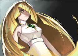 Rule 34 | 1girl, blonde hair, breasts, commentary, creatures (company), diagonal bangs, dress, eyebrows hidden by hair, frown, game freak, gem, green eyes, hair over one eye, lazy eye, long hair, lusamine (pokemon), medium breasts, nintendo, nnsee d, pokemon, pokemon sm, solo, upper body, very long hair, white dress