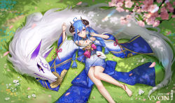 Rule 34 | 1girl, absurdres, ahoge, arm up, bare shoulders, barefoot, black sclera, blue hair, blush, braid, breasts, cleavage, colored sclera, curled horns, flower, grass, hair between eyes, hair flower, hair ornament, hand up, highres, holding, horns, japanese clothes, kindred (league of legends), lamb (league of legends), league of legends, long hair, lying, mask, medium breasts, official alternate costume, official alternate hairstyle, on back, smile, spirit blossom (league of legends), spirit blossom kindred, teeth, twin braids, v-von, white flower, wide sleeves, wolf (league of legends)
