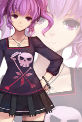 Rule 34 | 1girl, aisha landar, artist name, bad id, bad pixiv id, black skirt, bracelet, contemporary, elsword, hand on own hip, highres, jewelry, necklace, pleated skirt, purple eyes, purple hair, short hair, skirt, skull and crossbones, smile, solo, swd3e2, thighhighs, twintails, zoom layer