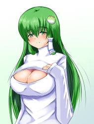 Rule 34 | 1girl, bad id, bad pixiv id, blush, breasts, cleavage, cleavage cutout, clothing cutout, frog hair ornament, green eyes, green hair, hair ornament, hair tubes, kochiya sanae, kuzunoha kaede, large breasts, long hair, matching hair/eyes, meme attire, open-chest sweater, sleeves past wrists, smile, solo, sweater, touhou, turtleneck