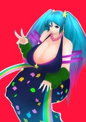 Rule 34 | 1girl, alternate costume, aqua hair, arcade (league of legends), arm warmers, bare shoulders, blue eyes, blue nails, breasts, cleavage, curvy, dress, earrings, grey hair, highres, huge breasts, jewelry, league of legends, long hair, looking at viewer, nail polish, necklace, pearl necklace, plump, purple hair, red background, shima (akkirasetsu op), simple background, sleeveless, sleeveless dress, smile, solo, sona (league of legends), star (symbol), star earrings, thick thighs, thighs, twintails, v, very long hair, wide hips