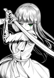 Rule 34 | 1girl, black background, commentary, deadnooodles, green eyes, greyscale, hair ornament, hairclip, hands up, highres, holding, holding sword, holding weapon, katana, kurosawa dia, long hair, long sleeves, looking at viewer, love live!, love live! sunshine!!, monochrome, solo, spot color, sword, symbol-only commentary, weapon