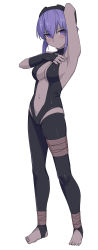Rule 34 | 1girl, ankle wrap, arm above head, armpits, bare arms, bare shoulders, barefoot, black gloves, black pantyhose, blush, breasts, commentary request, dark-skinned female, dark skin, fate/prototype, fate/prototype: fragments of blue and silver, fate (series), frown, full body, gloves, hair between eyes, hassan of serenity (fate), leotard, looking at viewer, medium breasts, navel, pantyhose, purple eyes, purple hair, revealing clothes, shiseki hirame, simple background, sleeveless, solo, split mouth, stirrup legwear, toeless legwear, white background