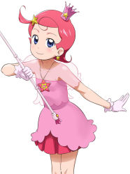 Rule 34 | 1girl, ahoge, bare shoulders, blue eyes, blush, comet (character), comet (comet-san), cosmic baton girl comet-san, crown, dress, flat chest, gloves, hair ornament, heart, jewelry, magical girl, necklace, pendant, pink hair, pleated skirt, see-through, short dress, short hair, simple background, skirt, smile, solo, standing, star (symbol), turtleneck, wand, white gloves, youkan