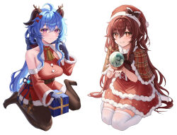 Rule 34 | 2girls, ahoge, alternate costume, bare shoulders, bell, belt, black pantyhose, blue gloves, blue hair, blush, bow, breasts, brown bow, brown hair, christmas ornaments, christmas present, deer hood, detached sleeves, dress, fake horns, flower-shaped pupils, full body, ganyu (genshin impact), genshin impact, gift, gloves, goat horns, grin, hair between eyes, hat, hat bow, horns, hu tao (genshin impact), kneeling, long hair, looking at viewer, medium breasts, multiple girls, neck bell, no shoes, pantyhose, parted lips, purple eyes, red dress, red eyes, red sleeves, santa costume, santa hat, sicle, sidelocks, simple background, sitting, smile, striped capelet, symbol-shaped pupils, tassel, thighhighs, thighlet, vision (genshin impact), wariza, white background, white thighhighs