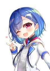 Rule 34 | 1girl, ;d, black shirt, blue hair, blue necktie, blush, collared shirt, commentary request, dolphin hair ornament, fang, grey hoodie, hair ornament, hand up, heart, highres, hood, hood down, hoodie, jacket, long sleeves, looking at viewer, necktie, nijisanji, nishizono chigusa, nishizono chigusa (1st costume), one eye closed, open clothes, open jacket, open mouth, plaid necktie, plaid neckwear, red eyes, shirt, simple background, sleeves past wrists, smile, solo, upper body, v, virtual youtuber, white background, white jacket, yukiyuki 441