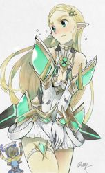 Rule 34 | 1boy, 1girl, blonde hair, blush, braid, breasts, cleavage, cleavage cutout, clothing cutout, cosplay, covering crotch, covering privates, crossover, crown braid, embarrassed, highres, link, long hair, master sword, mythra (xenoblade), mythra (xenoblade) (cosplay), nintendo, pointy ears, princess zelda, rex (xenoblade), solo focus, sword, the legend of zelda, the legend of zelda: breath of the wild, very long hair, weapon, xenoblade chronicles (series), xenoblade chronicles 2