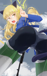 Rule 34 | 1girl, animal ears, ass, black pantyhose, blonde hair, blush, cat ears, electricity, glasses, nohito, open mouth, panties, panties under pantyhose, pantyhose, perrine h. clostermann, solo, strike witches, sweat, tail, underwear, white panties, world witches series, yellow eyes