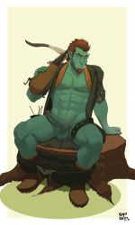 Rule 34 | 1boy, abs, bara, colored skin, erection, full body, green skin, highres, kupo klein, male focus, orc, outdoors, penis, presenting, sitting, solo, testicles, undressing, weapon