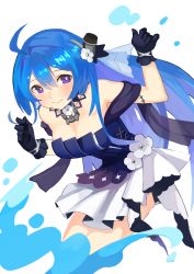 Rule 34 | 1girl, absurdres, ahoge, aoiro (t aoiro123), azur lane, bare shoulders, black gloves, blue hair, breasts, bright pupils, cleavage, closed mouth, flower, gloves, hair between eyes, helena (azur lane), helena (may i have this dance?) (azur lane), highres, long hair, medium breasts, miniskirt, pleated skirt, purple eyes, skirt, smile, solo, very long hair, white background, white flower, white pupils, white skirt