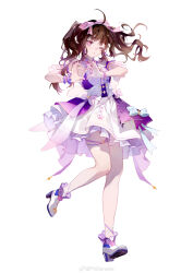 Rule 34 | 1girl, ;o, absurdres, ahoge, ankle boots, ankle ribbon, bare legs, blue bow, boots, bow, bowtie, bracelet, brown hair, corset, detached sleeves, dress, dress bow, earrings, eoe, floating hair, frilled dress, frills, full body, hair bow, hands up, heart, heart hands, high heels, highres, idol, idol clothes, jewelry, layered dress, leg ribbon, leg up, long hair, looking at viewer, official art, one eye closed, paw print, phillanelle, pink bow, pink bowtie, pink eyes, print dress, purple dress, purple wrist cuffs, ribbon, see-through, see-through sleeves, short dress, short sleeves, single wrist cuff, sleeveless, sleeveless dress, solo, standing, standing on one leg, tachi-e, thigh strap, twintails, two-tone dress, virtual youtuber, wan&#039;er (eoe), weibo logo, weibo watermark, white background, white corset, white dress, white footwear, wrist cuffs