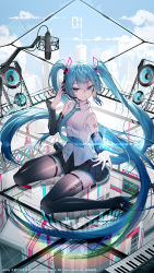 Rule 34 | 1girl, artist name, bare shoulders, black skirt, black thighhighs, blue eyes, blue hair, boots, breasts, character name, closed mouth, commentary request, company name, detached sleeves, eighth note, full body, glass floor, glowing, hatsune miku, hatsune miku (vocaloid4), headset, high heel boots, high heels, instrument, keyboard (instrument), long hair, long sleeves, looking at viewer, microphone, miniskirt, musical note, number tattoo, official art, qys3, reflective floor, shoulder tattoo, sidelocks, sitting, skindentation, skirt, small breasts, smile, solo, speaker, tattoo, thigh boots, thighhighs, twintails, very long hair, vocaloid, wariza, zettai ryouiki