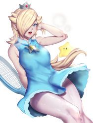 Rule 34 | 1girl, arm up, bare arms, bare shoulders, blonde hair, blue dress, blue eyes, breasts, crown, dress, earrings, exhausted, hair over one eye, heavy breathing, highres, jewelry, kumiko shiba, lips, looking at viewer, luma (mario), mario (series), mario tennis, mario tennis: ultra smash, medium breasts, mini crown, nintendo, open mouth, pantyhose, racket, rosalina, simple background, sleeveless, sleeveless dress, solo, stained clothes, star (symbol), star earrings, super mario galaxy, sweat, sweat stain, tennis racket, tennis rosalina, white background, white pantyhose