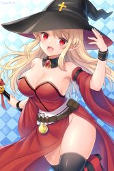 Rule 34 | 1girl, :d, artist name, bare shoulders, black hat, black thighhighs, blonde hair, blue background, breasts, checkered background, cleavage, commentary request, commission, detached collar, detached sleeves, dress, hagino kouta, hat, highres, large breasts, long hair, looking at viewer, open mouth, original, pixiv commission, pointy ears, red dress, red eyes, smile, solo, test tube, thighhighs, thighs, wide sleeves, witch hat