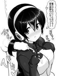 Rule 34 | 1boy, 1girl, black hair, blush, breasts, closed mouth, cum, cum on body, cum on breasts, cum on clothes, cum on upper body, ejaculation, gentoo penguin (kemono friends), gloves, greyscale, hairjob, hetero, jacket, kemono friends, large breasts, looking at penis, looking to the side, monochrome, multicolored hair, penguin girl, penis, solo focus, thought bubble, translated, watayoshi (suiiho)