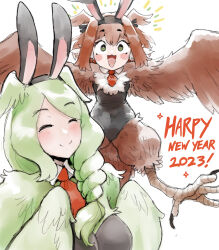 Rule 34 | 2girls, animal ears, bird ears, bird legs, bird tail, black leotard, blush, brown feathers, brown hair, brown wings, chinese zodiac, closed eyes, commentary, detached collar, english commentary, english text, fake animal ears, feathers, galaxyspark, green eyes, green feathers, green hair, green wings, happy new year, harpy, head wings, highres, leotard, monster girl, multiple girls, necktie, new year, open mouth, original, rabbit ears, red necktie, smile, tail, talons, white background, winged arms, wings, year of the rabbit