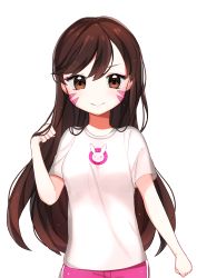 Rule 34 | 1girl, absurdres, aged down, animal print, bad id, bad pixiv id, brown eyes, brown hair, casual, child, cowboy shot, d.va (overwatch), facepaint, facial mark, hand up, highres, long hair, looking at viewer, ongyageum, overwatch, overwatch 1, pink shorts, rabbit print, shirt, short sleeves, shorts, simple background, smile, solo, t-shirt, whisker markings, white shirt