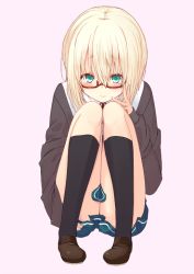 Rule 34 | 1girl, blonde hair, blush, bob cut, covering crotch, covering privates, glasses, green eyes, looking at viewer, power of smile, short hair, sitting, smile, solo, souenji miku, uro (urotanc)