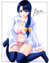 Rule 34 | 1girl, asymmetrical bangs, black thighhighs, blue hair, bow, breasts, character name, collared shirt, full body, hair bow, hair over shoulder, highres, large breasts, long hair, looking at viewer, naked shirt, navel, no bra, no shoes, open clothes, open shirt, original, panties, pink panties, purple eyes, riochan, shirt, sitting, solo, thighhighs, underwear, white shirt, yellow bow