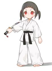 Rule 34 | 1girl, absurdres, arched bangs, barefoot, belt, black belt, black hair, blood, blood on clothes, blood on face, bright pupils, closed mouth, commentary request, dougi, full body, highres, holding, holding knife, knife, kuma-bound, martial arts belt, original, pants, red eyes, short hair, short twintails, simple background, solo, standing, toes, twintails, v-shaped eyebrows, white background, white pants, white pupils