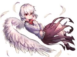 Rule 34 | 1girl, bad id, bad pixiv id, black footwear, bow, bowtie, closed mouth, feathered wings, feathers, full body, hair between eyes, highres, kishin sagume, long sleeves, nob1109, purple skirt, red bow, red bowtie, red eyes, short hair, simple background, skirt, solo, touhou, white background, white hair, white wings, wings