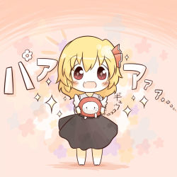 Rule 34 | 1girl, :d, ^^^, bad id, bad pixiv id, barefoot, black dress, blonde hair, blush, chibi, dress, embodiment of scarlet devil, fang, female focus, flower, hair ribbon, happy, holding, open mouth, pink theme, red eyes, ribbon, rumia, smile, solo, south114, sparkle, standing, tears, touhou