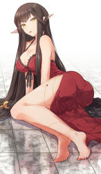 Rule 34 | 1girl, agsen, ass, barefoot, black hair, breasts, cleavage, commentary request, dress, fate/apocrypha, fate (series), highres, large breasts, long dress, long hair, looking at viewer, nail polish, on floor, pointy ears, red dress, semiramis (fate), side slit, solo, tile floor, tiles, toenail polish, toenails, very long hair, yellow eyes