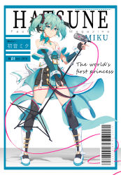 Rule 34 | 1girl, absurdres, ahoge, alternate costume, alternate hairstyle, aqua eyes, aqua hair, artist name, back bow, barcode, bare shoulders, beamed eighth notes, belt, belt buckle, black thighhighs, blue bow, blue neckwear, boots, bow, breasts, bridal gauntlets, buckle, cable, character name, cleavage, collarbone, commentary, cover, detached sleeves, dress, earrings, eighth note, english commentary, english text, fake cover, full body, hair ornament, hatsune miku, highres, holding, holding weapon, jewelry, knee boots, legs apart, microphone, microphone stand, musical note, musical note hair ornament, necklace, parted lips, short dress, short hair, short twintails, small breasts, solo, standing, striped, thighhighs, twintails, vertical stripes, vocaloid, waist cape, weapon, white bow, white footwear, yurix, zipper, zipper pull tab