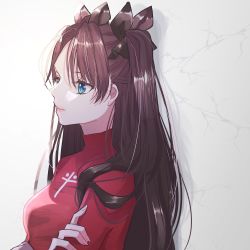 Rule 34 | 1girl, blue eyes, bow, breasts, brown hair, colored eyelashes, cowboy shot, crossed arms, fate/stay night, fate (series), forehead, from side, hair bow, highres, long hair, medium breasts, red sweater, roku (ntbr fate), sidelocks, solo, sweater, tohsaka rin, turtleneck, turtleneck sweater, two side up, upper body, white background