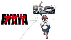 Rule 34 | 1girl, akira (manga), ayaya~, bad id, bad pixiv id, bag, basket, black hair, black skirt, commentary request, copyright name, crack, from above, from behind, full body, geta, grey pantyhose, hat, helmet, highres, kasuya baian, motor vehicle, motorcycle helmet, no wings, pantyhose, parody, pleated skirt, pom pom (clothes), puffy short sleeves, puffy sleeves, red footwear, satchel, scooter, shadow, shameimaru aya, shirt, short hair, short sleeves, shoulder strap, simple background, skirt, solo, tengu-geta, tokin hat, touhou, walking, white background, white shirt