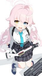 Rule 34 | 1girl, ahoge, arm support, beretta 1301, black gloves, black skirt, blue archive, blue eyes, blue footwear, blue necktie, blush, chest harness, collared shirt, commentary, cross-laced footwear, fang, from above, gloves, hair flaps, halo, harness, heterochromia, highres, hoshino (blue archive), huge ahoge, id card, konori (ahurerukuiizi), looking at viewer, necktie, open mouth, pink hair, pink halo, pleated skirt, shirt, simple background, sitting, skirt, smile, socks, solo, symbol-only commentary, weapon, white background, white shirt, white socks, yellow eyes