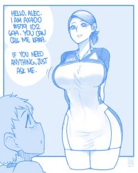 Rule 34 | 1boy, 1girl, alternate breast size, android, arms behind back, blue theme, blush, breasts, child, cowboy shot, cropped legs, detroit: become human, ekz (robotekz), english text, highres, huge breasts, kara (detroit), monochrome, parted lips, profile, short hair, short sleeves, smile, speech bubble, swept bangs