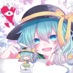 Rule 34 | 1girl, blush, character doll, eyeball, closed eyes, face, female focus, figure, green eyes, green hair, hat, hat ribbon, heart, heart of string, highres, komeiji koishi, kyun (vacaloid), long sleeves, matching hair/eyes, nendoroid, open mouth, outstretched arms, ribbon, shirt, short hair, skirt, smile, solo, standing, standing on one leg, string, third eye, touhou, wide sleeves
