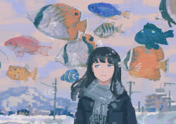 Rule 34 | 1girl, :|, absurdres, black coat, black hair, blue eyes, building, closed mouth, coat, cropped torso, fish, flying fish, grey scarf, highres, katakai, long hair, looking to the side, original, outdoors, purple clouds, scarf, single sidelock, snow, solo, tropical fish, utility pole