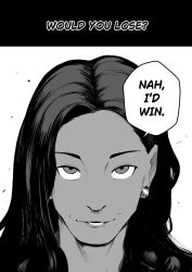 1girl earrings english_text greyscale highres jewelry kamala_harris long_hair looking_at_viewer meme monochrome nah_i&#039;d_win_(meme) solo speech_bubble xiuge