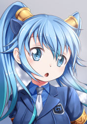 Rule 34 | 10s, 1girl, :o, animal ears, blue eyes, blue hair, blue shirt, blue suit, commentary, extra ears, formal, grey background, hair ornament, highres, japari symbol, kemono friends, long hair, looking at viewer, necktie, seiryuu (kemono friends), shirt, simple background, solo, suit, twintails, white necktie, yasume yukito