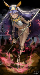 Rule 34 | 1girl, animal ears, black background, bracelet, dark skin, dark-skinned female, earrings, egyptian, egyptian clothes, facial mark, fate/grand order, fate (series), full body, hairband, highres, hoop earrings, jewelry, leaning forward, long hair, looking at viewer, medjed (fate), mizutame tori, nitocris (fate), polearm, purple eyes, purple hair, revealing clothes, sidelocks, signature, solo, spear, standing, very long hair, weapon