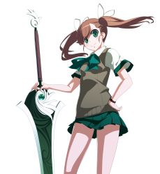 Rule 34 | &gt;:), 1girl, brown hair, eyes visible through hair, french-bread, green eyes, green skirt, hair ribbon, hand on own hip, highres, long hair, nanase (under night in-birth), official art, pleated skirt, ribbon, school uniform, short sleeves, skirt, smile, solo, sweater vest, sword, transparent background, twintails, under night in-birth, v-shaped eyebrows, weapon, yoshihara seiichi