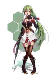 Rule 34 | 1girl, absurdres, armpits, artist name, bare shoulders, belt, black footwear, blush, boots, breasts, brown eyes, brown thighhighs, bullet, cleavage, cleavage cutout, clothing cutout, collar, detached sleeves, dms, full body, garter straps, girls&#039; frontline, gloves, green hair, gun, hair ornament, hair ribbon, hairclip, hand up, heart, heart-shaped pupils, hexagon, highres, holding, holding gun, holding weapon, knee boots, knees together feet apart, long hair, looking at viewer, low-tied long hair, machine gun, medium breasts, mk48, mk48 (girls&#039; frontline), no bra, open mouth, ponytail, red ribbon, red shorts, ribbon, shadow, shirt, short shorts, shorts, sidelocks, signature, skindentation, smile, solo, standing, strap, symbol-shaped pupils, thighhighs, v, very long hair, weapon